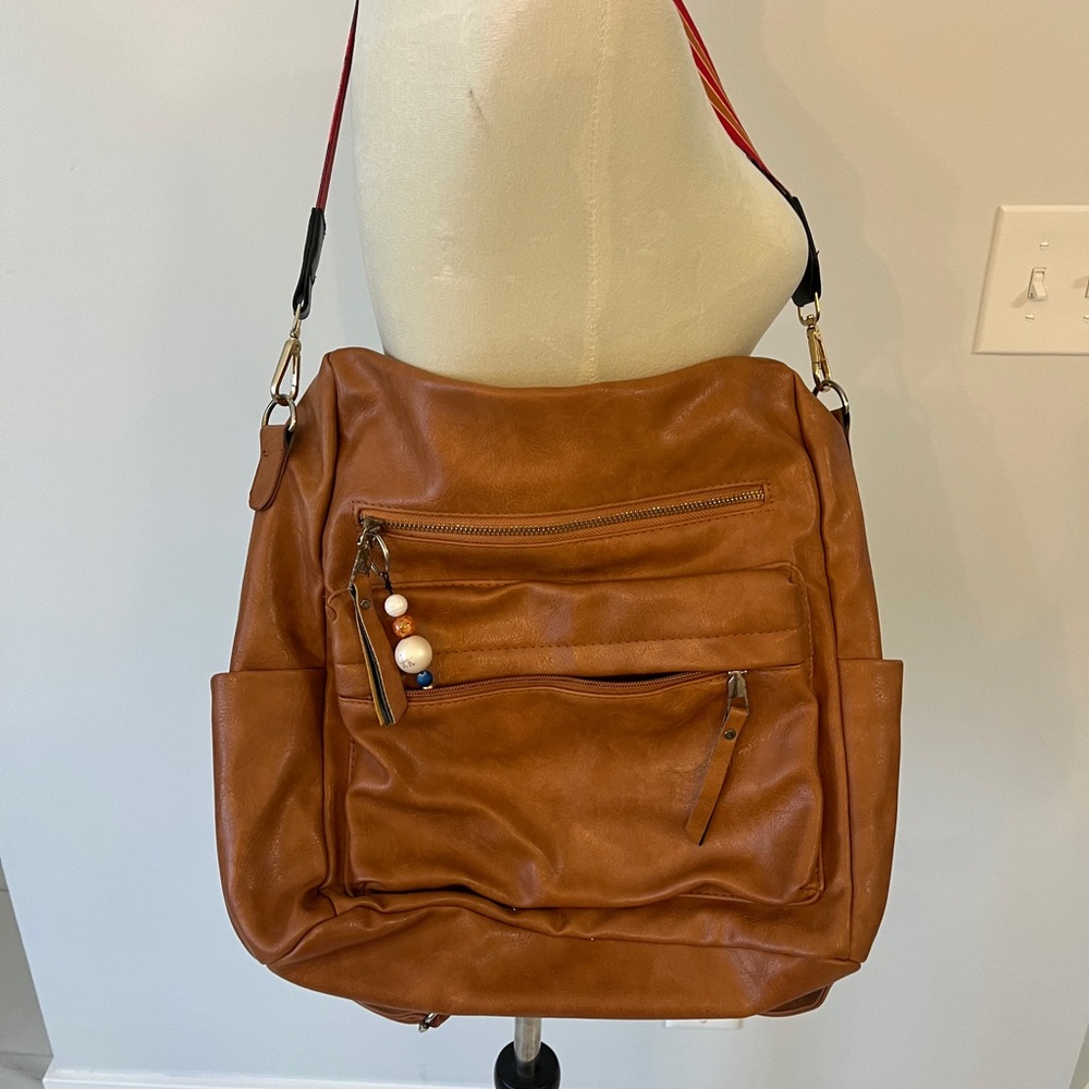 Women’s tan brown crossbody backpack removable adjustable strap